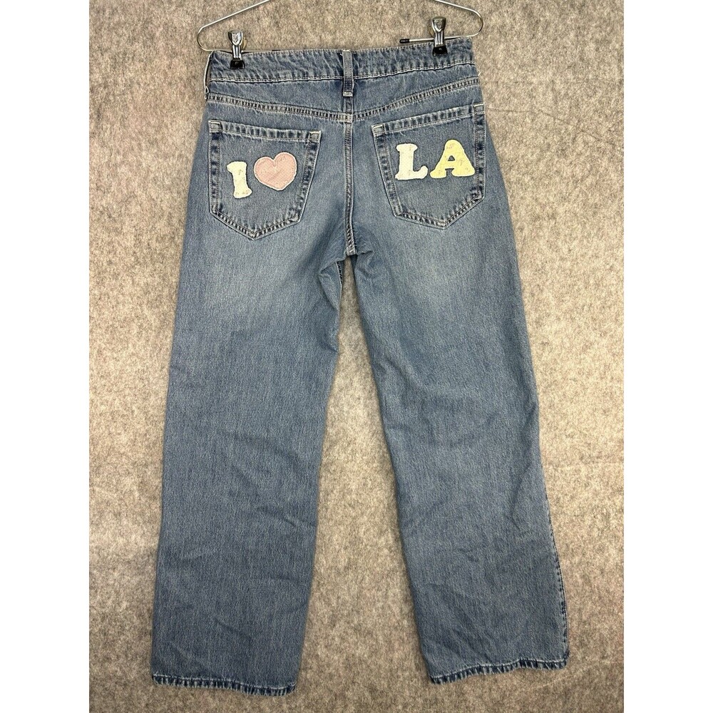Hollister Women’s Low-Rise Baggy I Heart LA Patch Denim Blue Jeans 2R W26